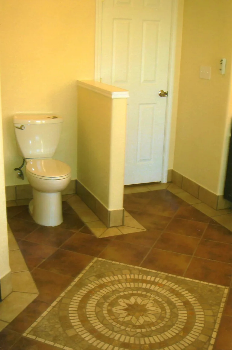 Refined bathroom featuring a beige toilet, decorative tiled flooring with a circular mosaic pattern, and a neutral-toned wall, creating a clean and classic look in the remodeled space.