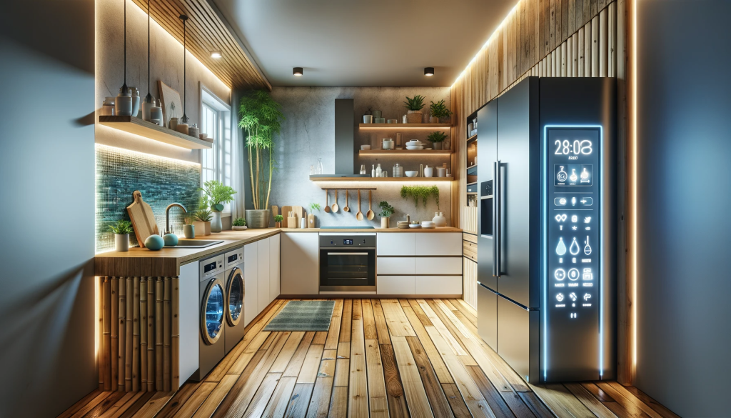 A high-quality image of a kitchen or bathroom showcasing both eco-friendly materials and smart technology. The scene includes a kitchen with bamboo fl