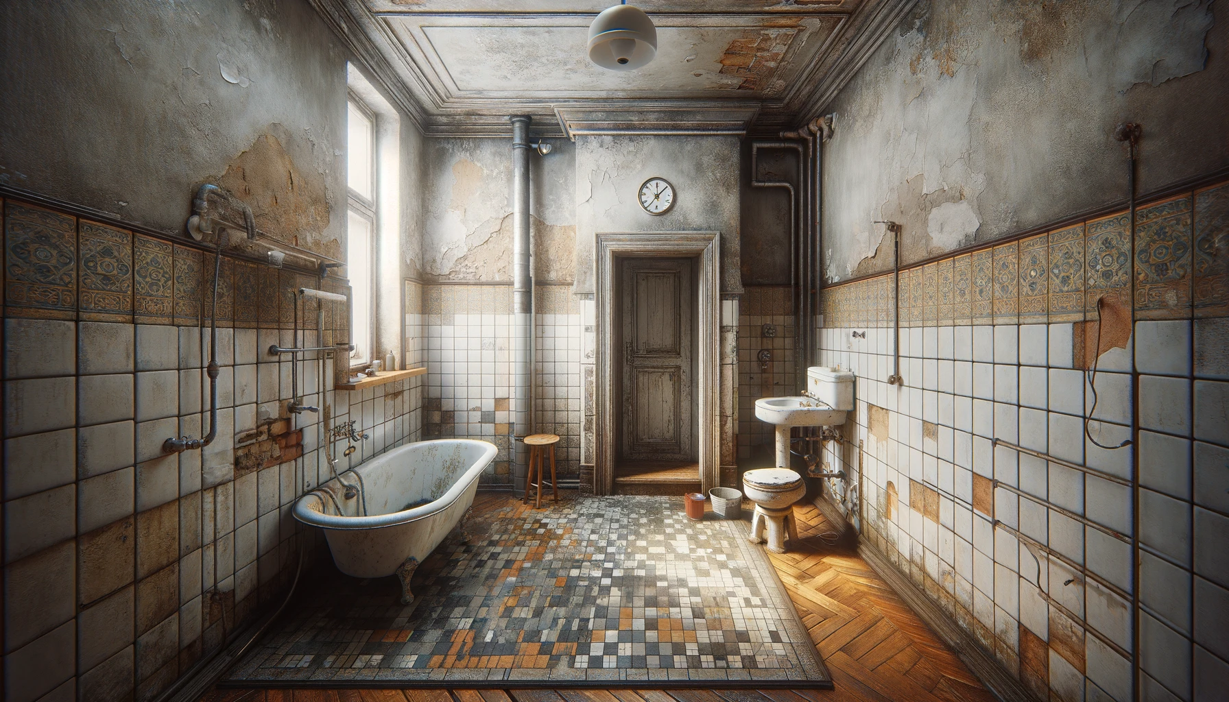 DALL·E 2024-02-28 16.47.30 - Depict an outdated bathroom in need of renovation, highlighting faded wall paint, old-fashioned tiles, a cramped shower area, and outdated