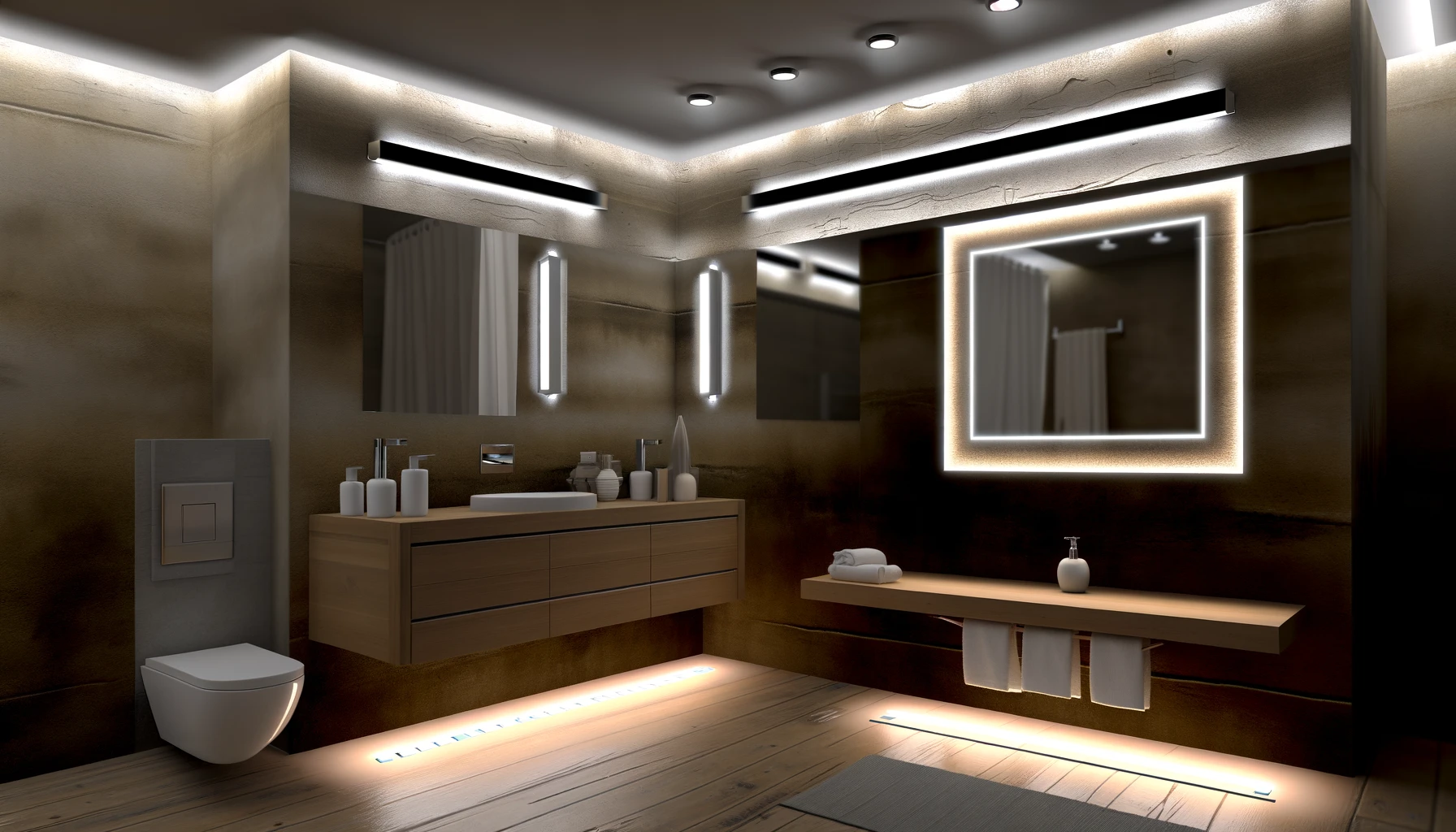 a beautifully renovated bathroom that combines rustic and modern elements, enhanced by innovative lighting solutions.
