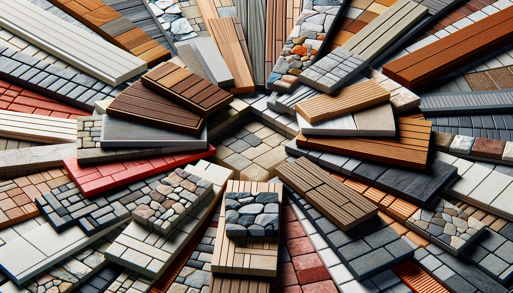 a close-up view of an assortment of outdoor flooring materials arranged in a fan shape. The selection includes wooden planks,