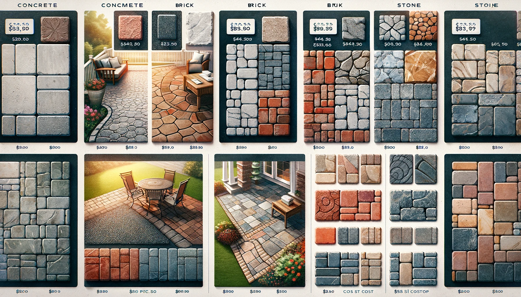 a collage showcasing different types of patios_ concrete, brick, stone, and pavers. Each section of the collage