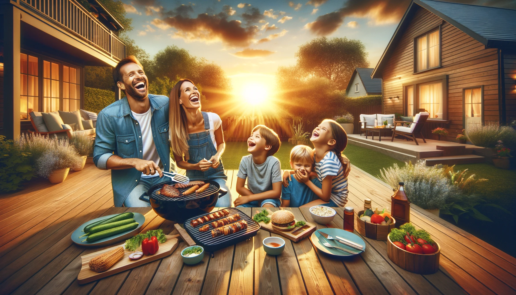 a family of four, two adults and two children, laughing and enjoying a barbecue on a spacious wooden deck at sunset.