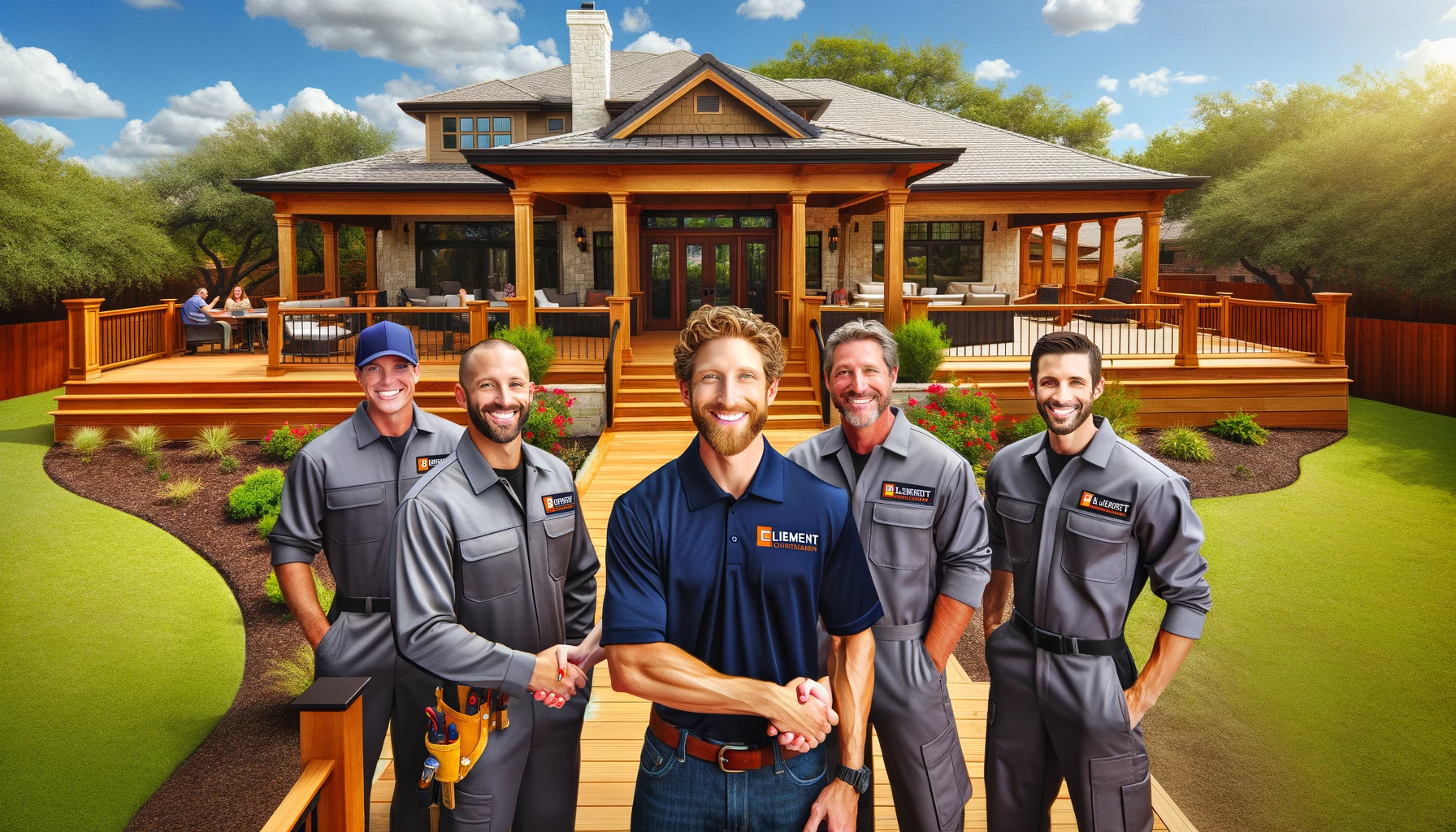a group of smiling Element Construction professionals gathered on a newly completed deck in Copperas Cove, TX.