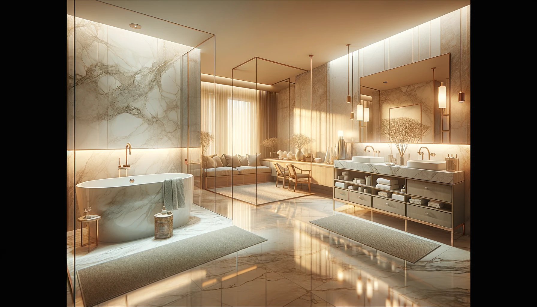 a luxurious, modern bathroom reveal featuring a large walk-in shower with glass doors, a freestanding tub, elegant marble