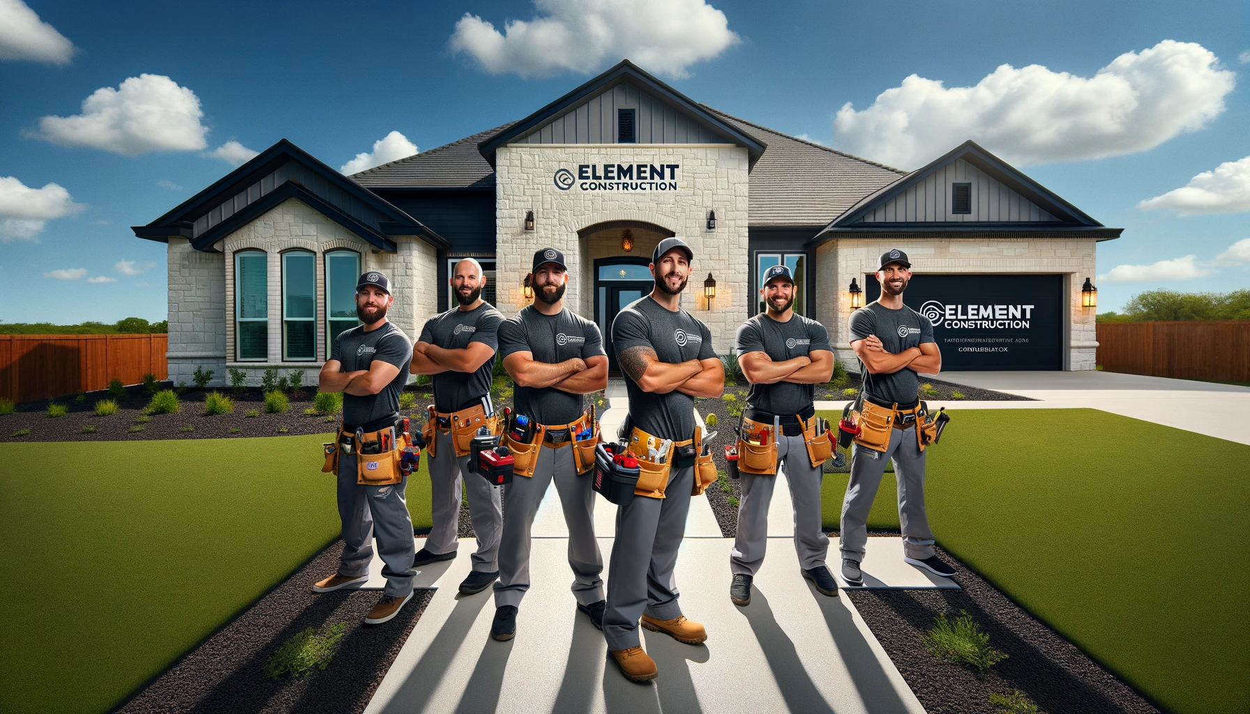a professional and confident team from Element Construction standing in front of a beautifully remodeled home in Copperas