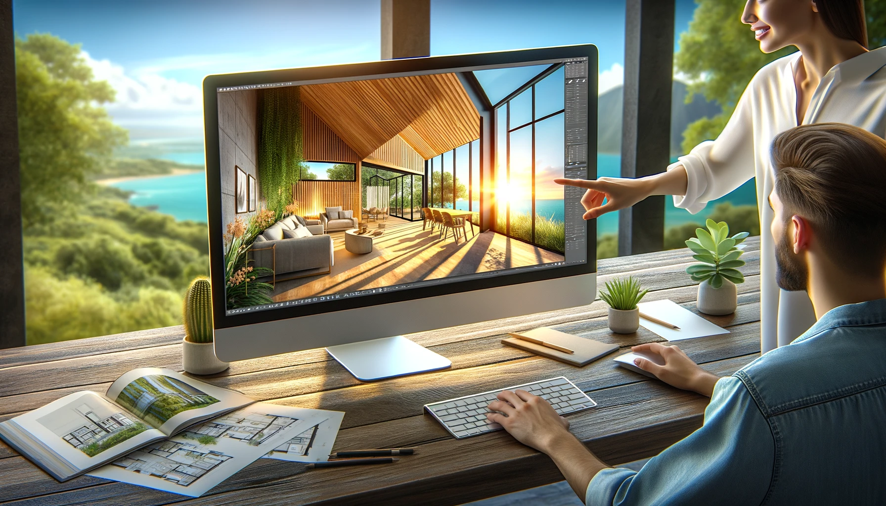 a scene where a vibrant, detailed 3D rendering of a modern and stylish room addition is displayed