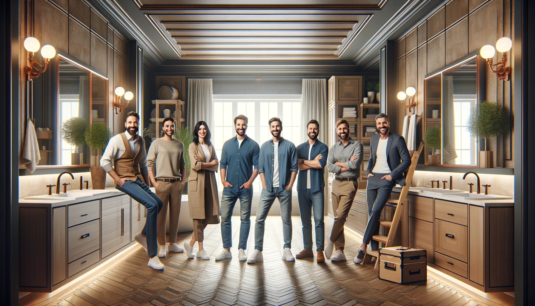 an image depicting a group portrait of the Element Construction team standing in a beautifully renovated bathroom. The team