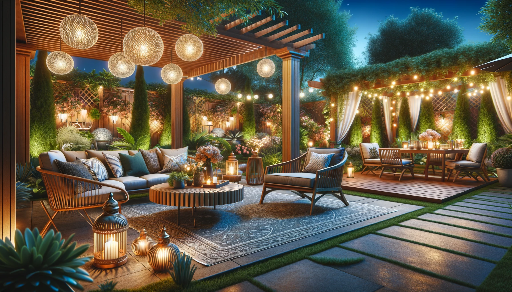 an image of a beautifully accessorized patio that includes lighting, furniture, and landscaping enhancements.