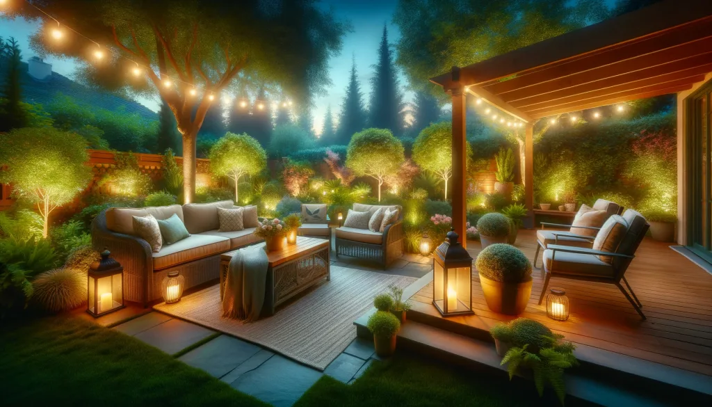 an image of a cozy backyard patio illuminated by soft lighting at dusk. The patio features comfortable seating surrounded by lush landscaping