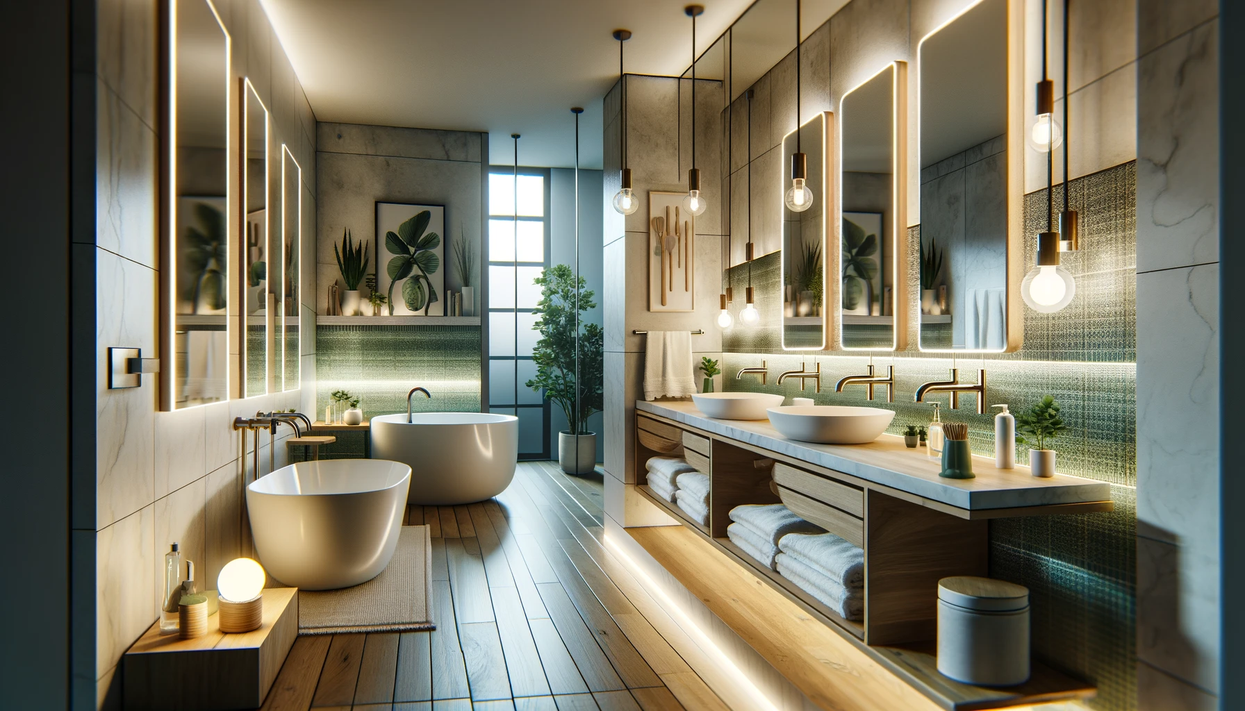 an image of a modern, eco-conscious bathroom that embodies green living principles.