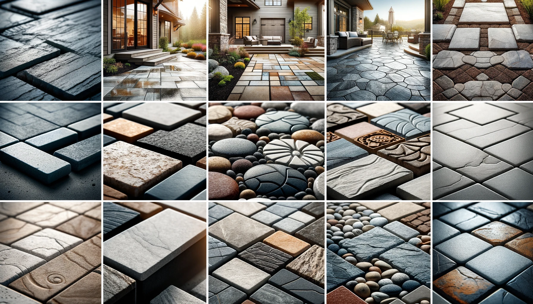 close-up images showcasing various patio materials such as concrete, pavers, and natural stone.