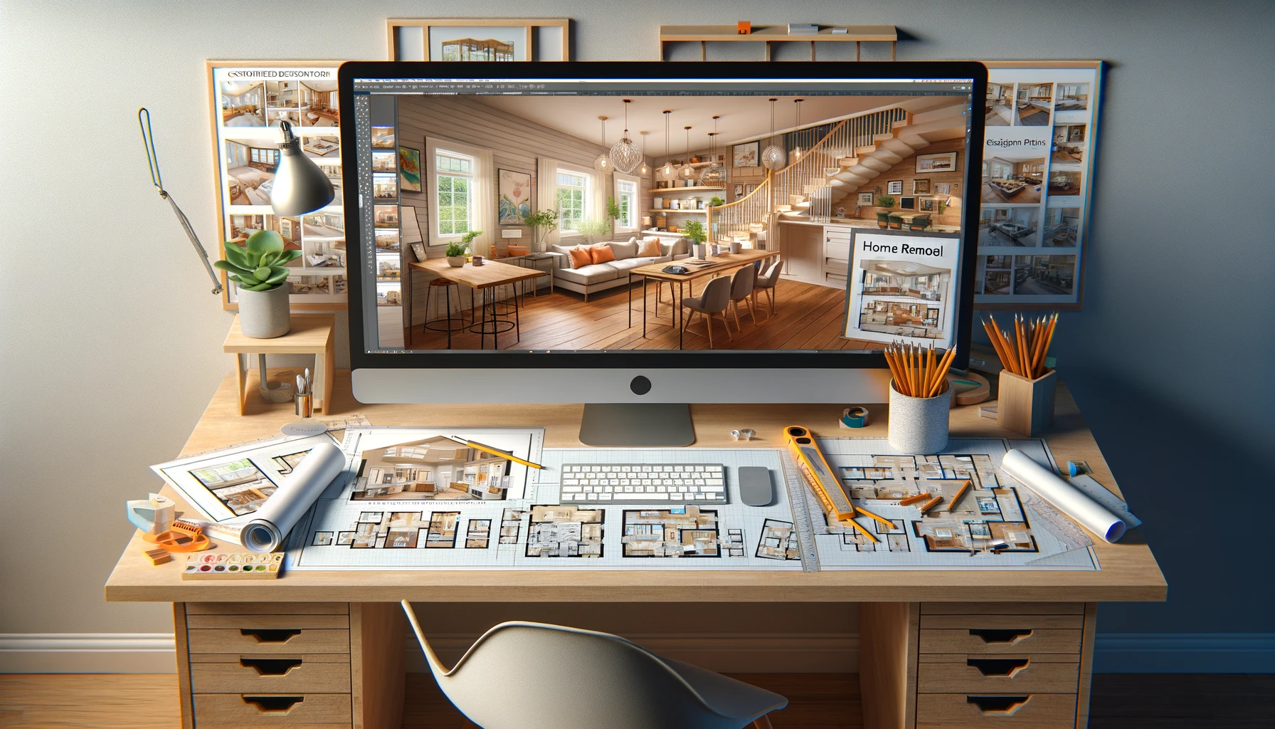 image focusing on a designer's workspace, where a few key home remodel design plans and vibrant 3D renderings