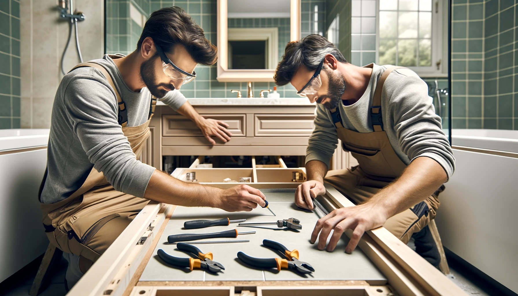 two skilled craftsmen in a bright, under-renovation bathroom, focused on meticulously installing a custom vanity.