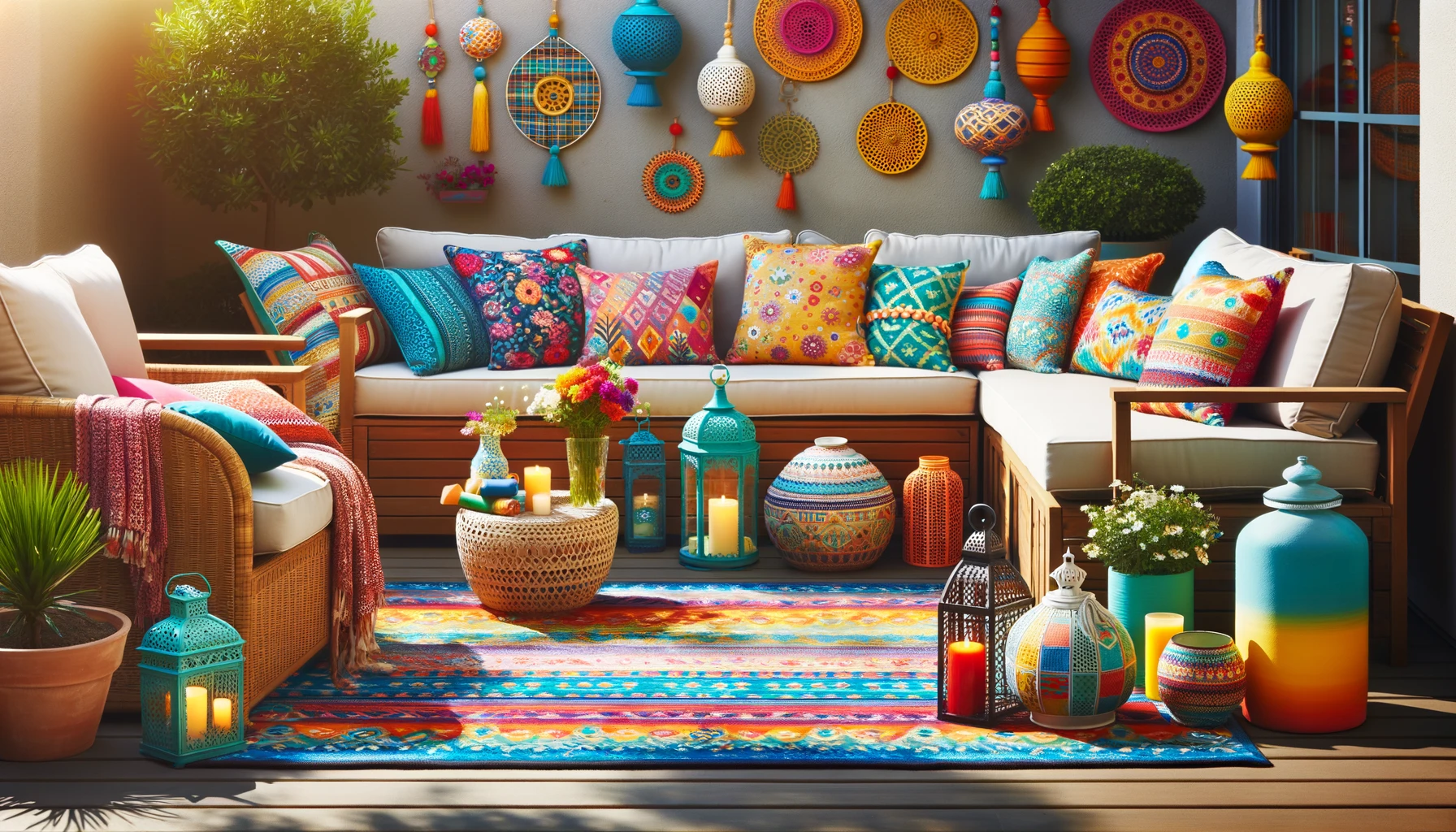 a lively outdoor seating area with colorful accessories. The scene includes outdoor sofas and chairs adorned with vibrant cushions