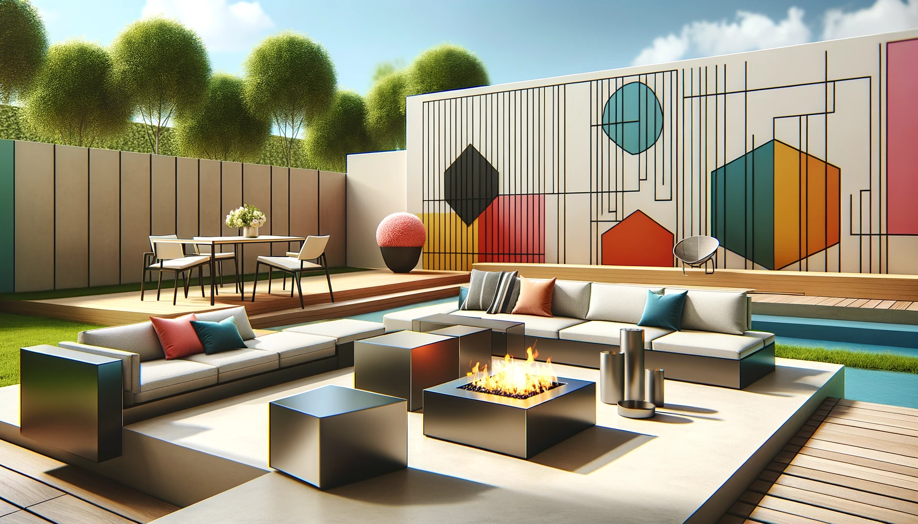 a modern outdoor living space with sleek furniture and a contemporary color palette.