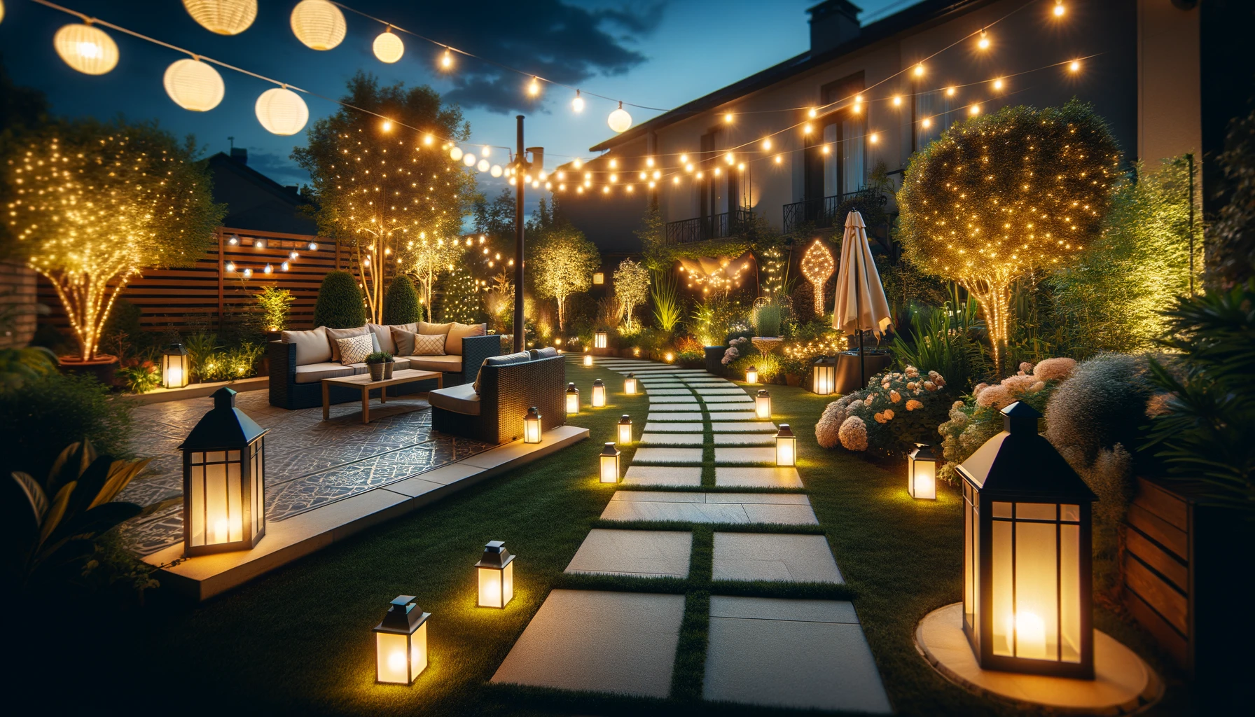 an elegantly lit outdoor area at dusk, featuring soft LED lanterns along a pathway, accent lighting highlighting garden features