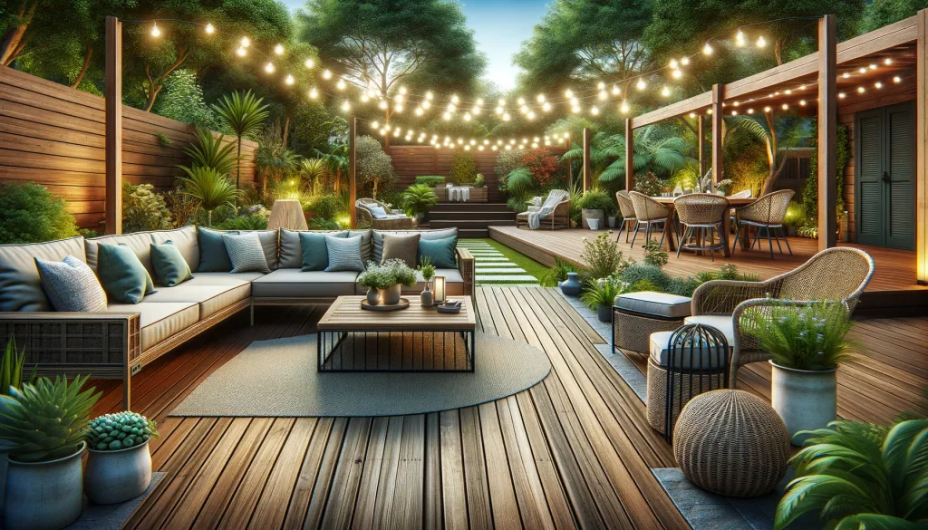 an inviting outdoor living space that combines a wooden deck and a stone patio area.