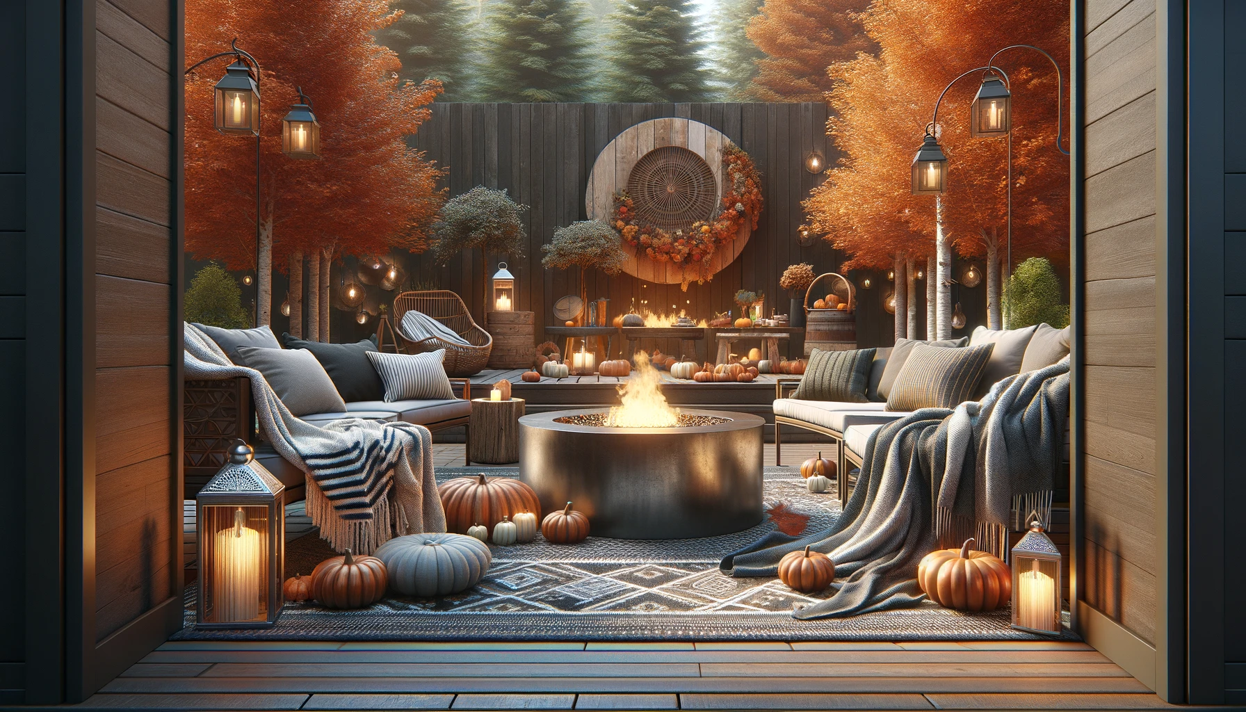 image of an outdoor space transformed for the autumn season, showcasing a setting with cozy blankets