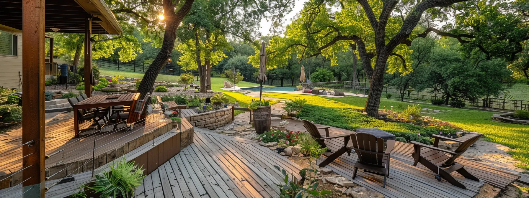 a beautifully designed deck and patio overlooking a lush garden in copperas cove, tx.