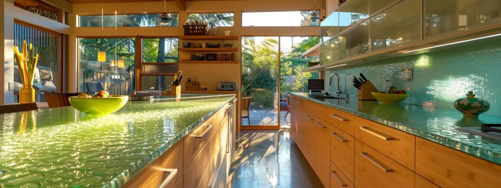 a modern kitchen with sustainable and eco-friendly materials like recycled glass countertops and bamboo cabinetry.