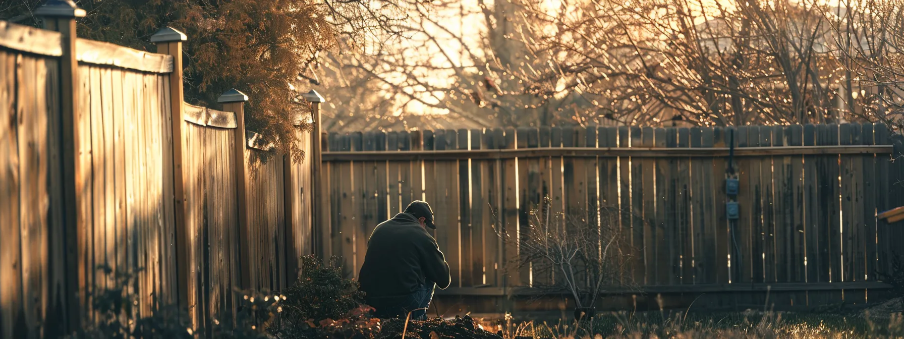 a worker installing a privacy fence in a residential backyard.