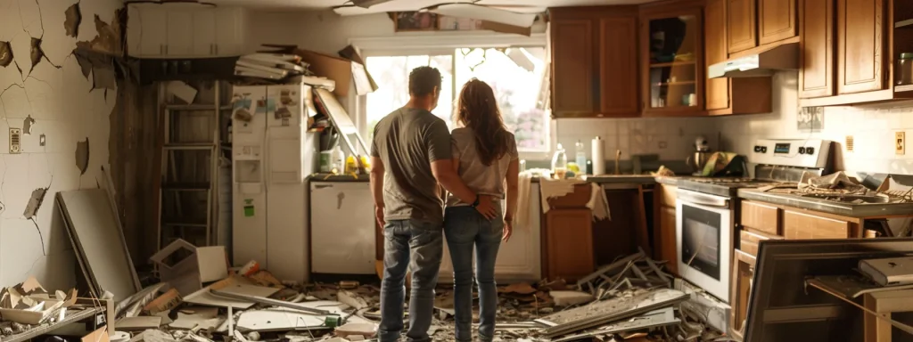 a couple of homeowners looking stressed as they stand in a partially torn apart kitchen during a remodeling project.