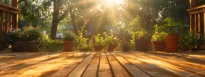 a skilled deck contractor in killeen expertly crafting a vibrant, sunlit wooden deck.