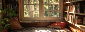 a cozy, sunlit nook with a built-in window seat and bookshelves in a tiny home.