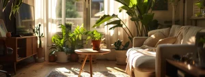 a cozy, sunlit room with elegant furniture and vibrant plants, creating a welcoming space for a mother-in-law.