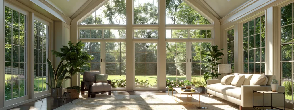 a spacious, sunlit room with vaulted ceilings and large windows overlooking a lush green backyard, seamlessly integrated over a garage.