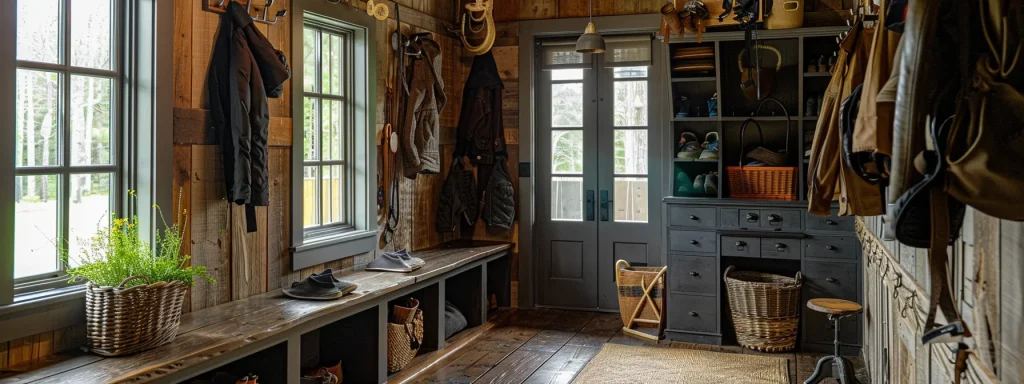 a spacious mud room with rustic decor, complete with a row of hooks for hanging jackets and baskets for storing shoes and accessories.