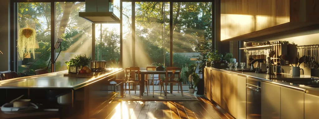 a sleek, modern kitchen with clean lines and stainless steel appliances, bathed in natural light from large windows.