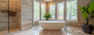 a luxurious, spa-like bathroom with sleek modern fixtures and calming earthy tones, transformed by killeen's expert remodelers.