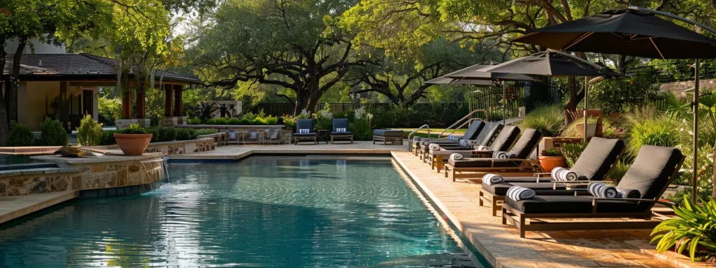 a luxurious pool area with elegant chaise lounges, modern umbrellas, and a sparkling turquoise pool surrounded by lush greenery in bell county.