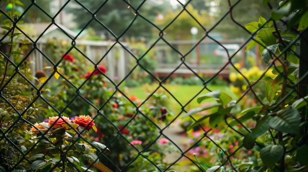 a chain-link fence surrounding a beautiful garden with a deck in the background.