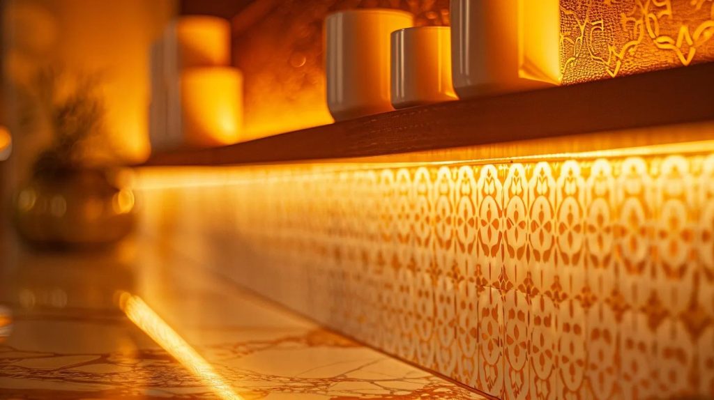 a brilliantly designed modern kitchen showcases a stunning custom backsplash featuring intricate tile patterns and elegant marble accents, illuminating the space with warm task lighting while seamlessly blending aesthetic appeal with practical durability.