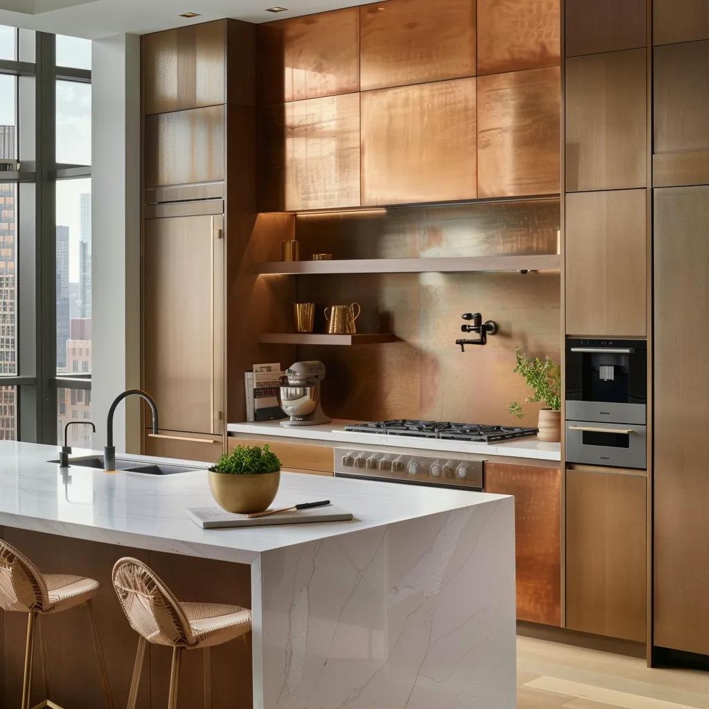a modern kitchen remodel showcases sleek, minimalist cabinetry in warm neutrals, juxtaposed with bold copper accents, all set against a bright, contemporary urban backdrop.