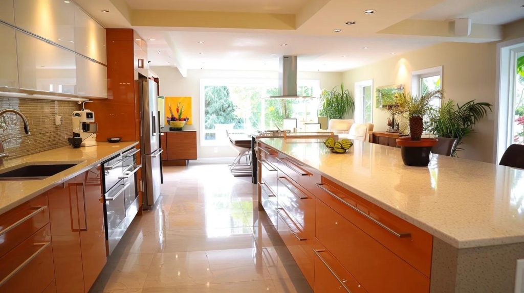 a modern, stylish open-concept kitchen seamlessly integrates with the dining and living areas, featuring sleek cabinetry and engineered stone finishes that create a spacious, inviting atmosphere ideal for family gatherings and entertaining.