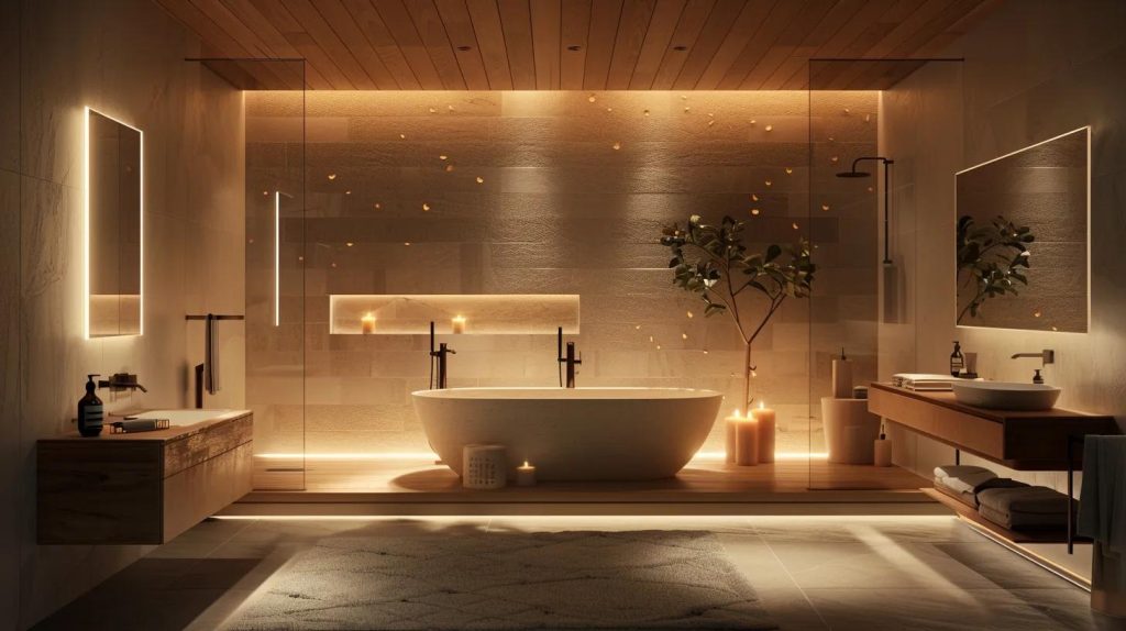 a sleek, modern bathroom remodel showcases elegant finishes like shiplap accents and strategic lighting, emphasizing element construction's commitment to quality and expertise in a stylish, professionally designed space.