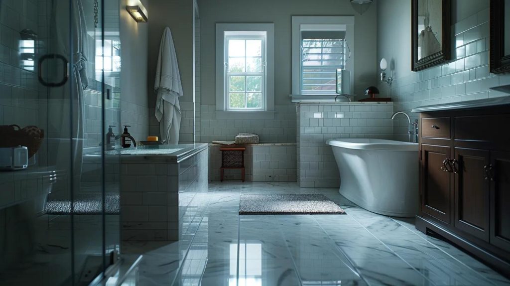 a sleek, modern bathroom showcasing luxurious tile work and elegant fixtures is illuminated by strategic lighting, emphasizing the pristine features of a newly renovated space designed for optimal functionality and aesthetic appeal.