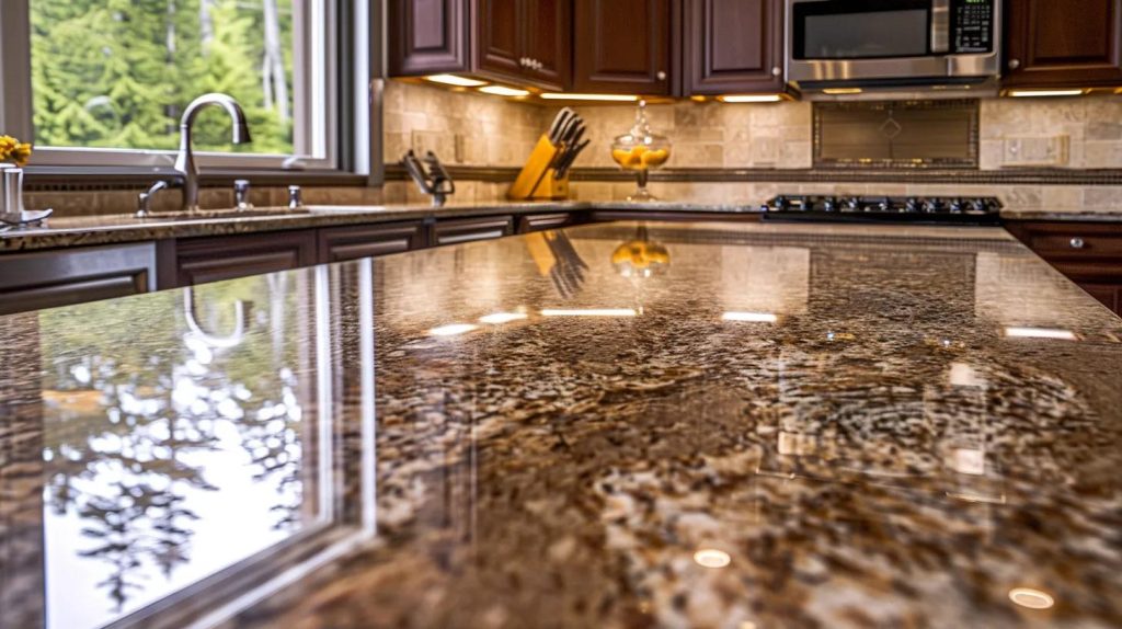 a sleek, modern kitchen featuring exquisite high-end countertops made of polished quartz and granite, showcasing precise edge profiling and subtle ambient lighting that highlights their durability and aesthetic appeal.