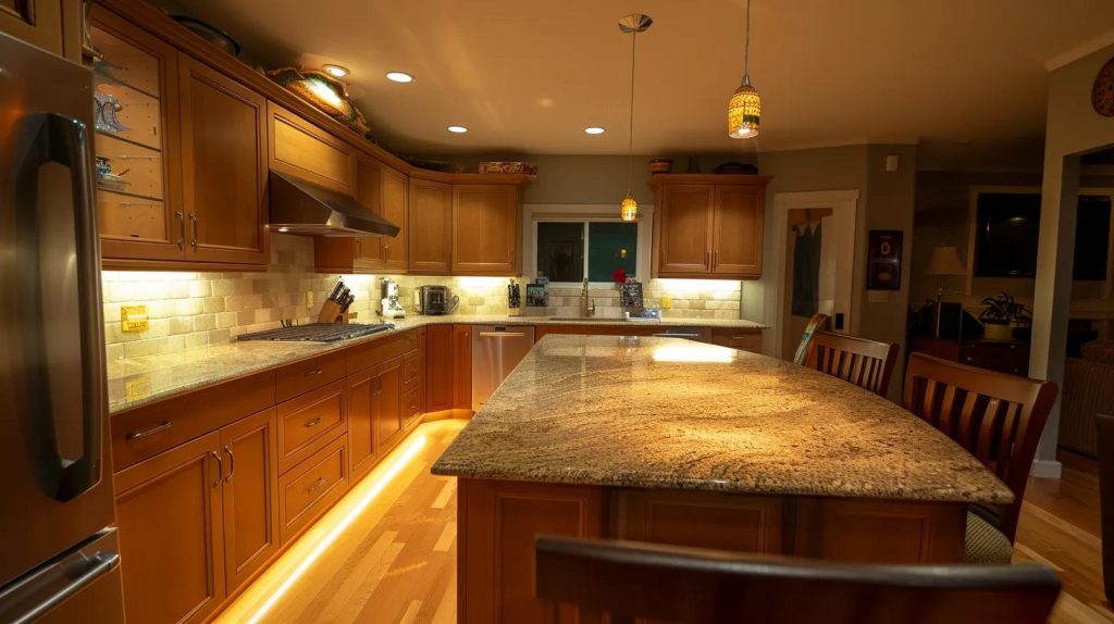 a sleek, modern kitchen illuminated with energy-efficient led lights, showcasing a blend of task, accent, and ambient lighting that enhances the contemporary design while highlighting the elegance of the cabinetry and countertops.