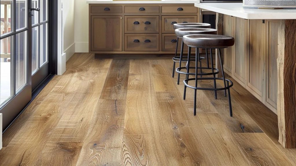 a sleek, modern kitchen showcases premium flooring options like engineered hardwood and luxury vinyl, reflecting a stylish yet functional design that enhances the overall aesthetic and safety of the space.