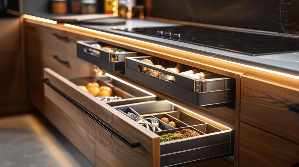 a sleek, modern kitchen showcases elegant custom cabinetry with smart storage features like pull-out drawers and adjustable shelving, demonstrating a sophisticated blend of minimalism and classic charm against a backdrop of warm, inviting lighting.