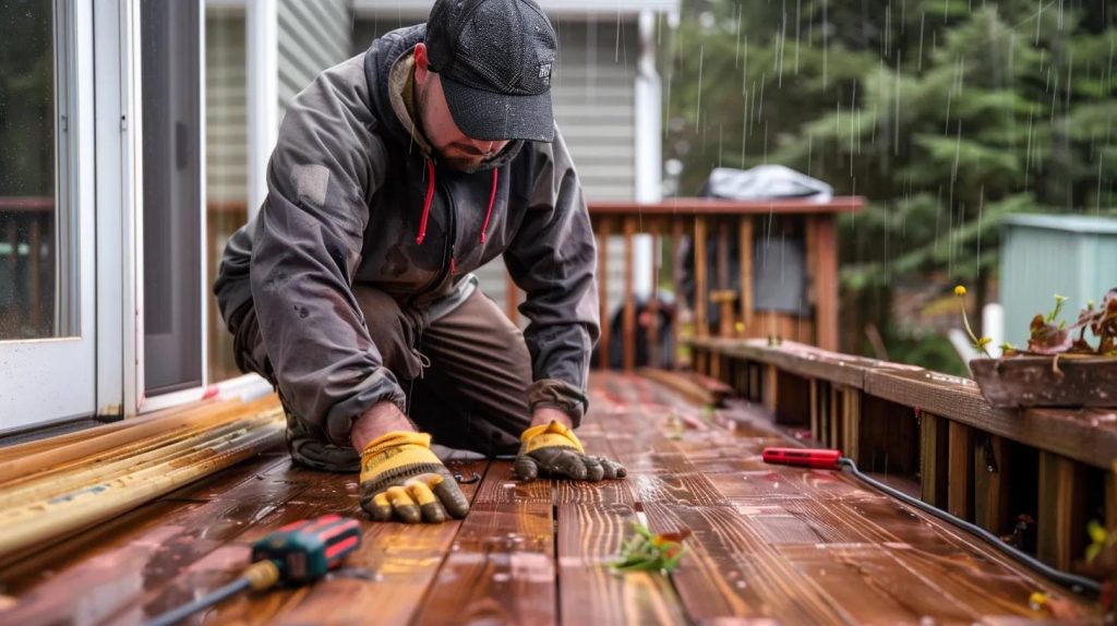 a contractor examining a deck for repair needs before starting the renovation process.
