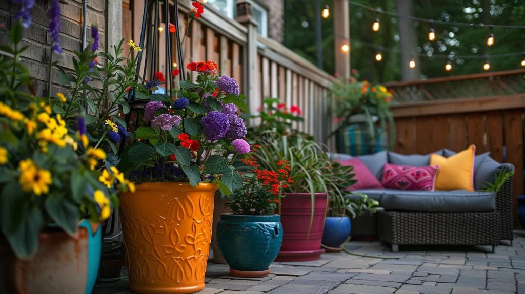 an outdoor patio adorned with colorful planters, weatherproof cushions, and solar lighting creating a cozy and inviting space.