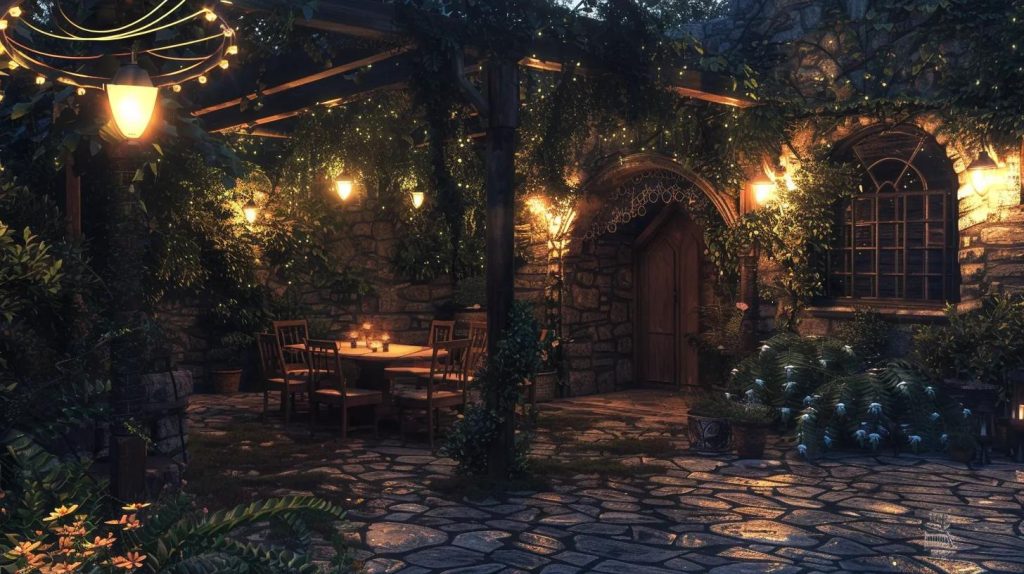 a beautifully lit and functional outdoor patio with integrated electrical outlets and lights, designed and constructed by a dedicated team of professionals.