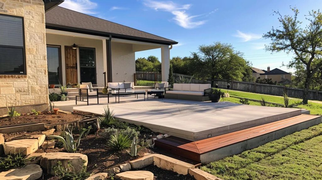 a beautifully designed and functional patio made with concrete and hardwood, blending seamlessly with the natural beauty of copperas cove.