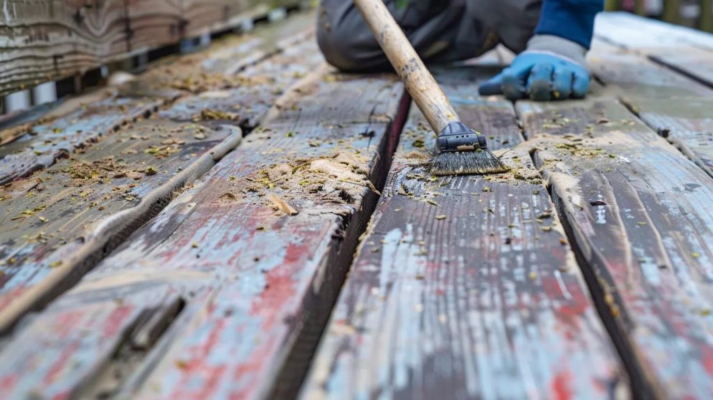 a person cleaning and inspecting a weathered deck, preparing for a diy repair project.
